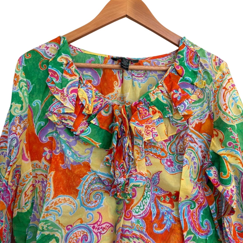 Lauren Ralph Lauren Womens 1X Paisley Ruffle Neck Cotton Blouse Multicolor - Picture 3 of 10